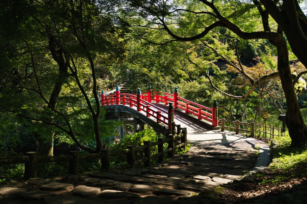 木漏れ日をくぐり、朱の橋がゆっくりと姿を現す。石段を踏むたび、時間が少しだけ緩んでいく。